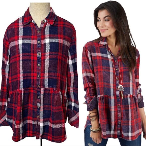 Free People Easy Street Navy Red Plaid Button Front Flannel Shirt Tunic Top XS - Picture 1 of 9